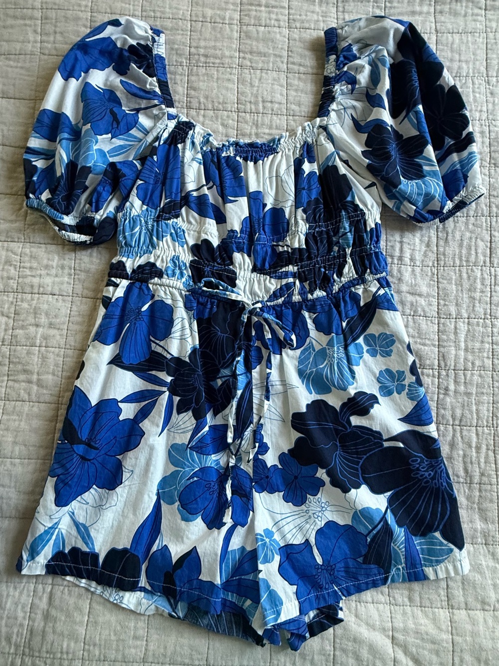Boutique Blue Floral Puff-Sleeve Romper